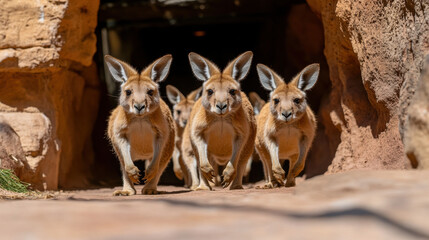 Exotic zoo, A group of kangaroos hopping in an open zoo setting.