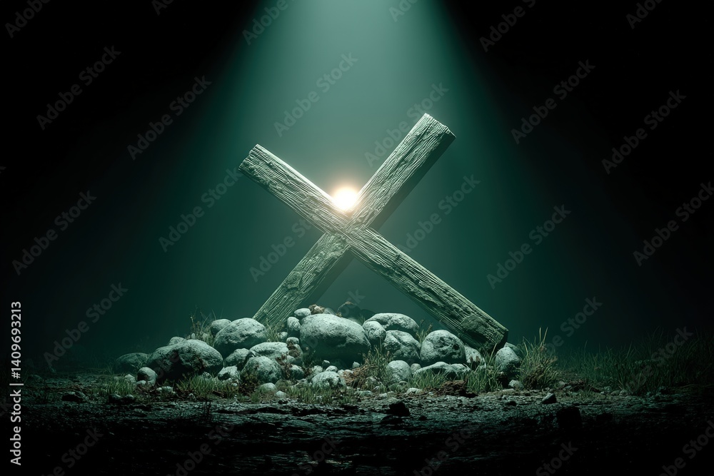 Poster a cross illuminated by light in a dark, mysterious environment.