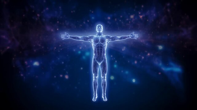 Ethereal Human Body Outline Radiating Blue Light with Arms Outstretched on Cosmic Space Background. Spiritual concept of the connection between humans and the universe.