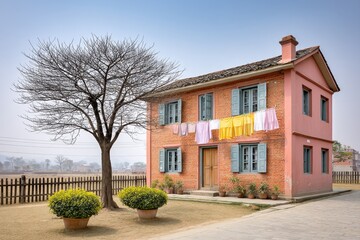 A small countryside home with laundry drying in the sun and kids playing outside