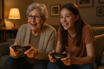 A joyful grandmother and teenage girl bonding over a video game, sharing laughter and connection in a cozy living room setting