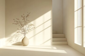 Minimalist sunlit interior with decorative vase and shadows
