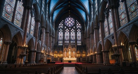 Fototapeta premium gothic cathedrals with intricate stained glass cinematic view background 