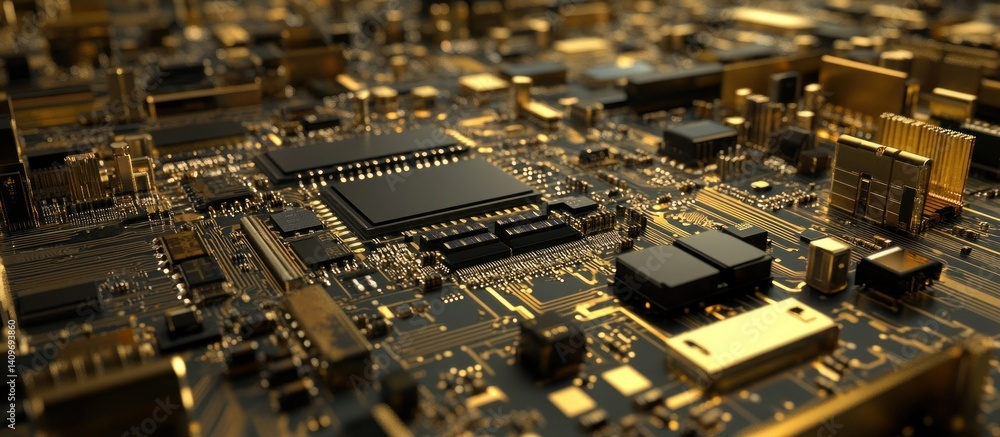 Poster intricate golden circuitry board illuminated with depth of field creating a futuristic tech cityscap