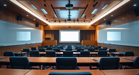 modern university lecture hall with projector and whiteboard cinematic view background 