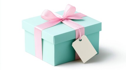 Obraz premium A simple and elegant pastel-colored gift box with a satin ribbon and empty tag, ready for personalizing with a message. Isolated on a plain background for a clean look.
