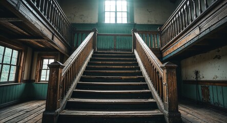 old wooden school staircase with worn out railings and creaky steps cinematic view background 