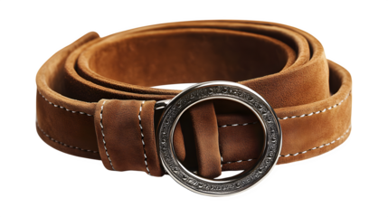 Double ring buckle belt in tan suede with soft folds, no background