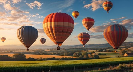Obraz premium serene hot air balloons drifting over fields cinematic view background 