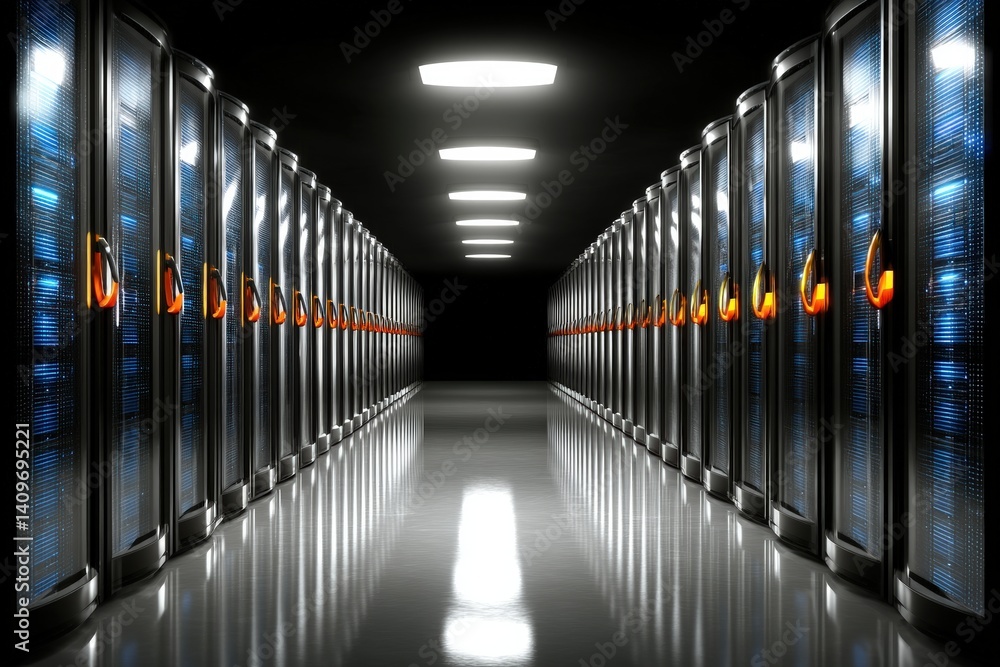 Poster dark corridor lined with server racks and illuminated ceiling lights.