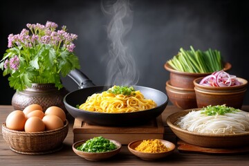 A traditional Thai kitchen scene with Pad Thai being prepared for street food
