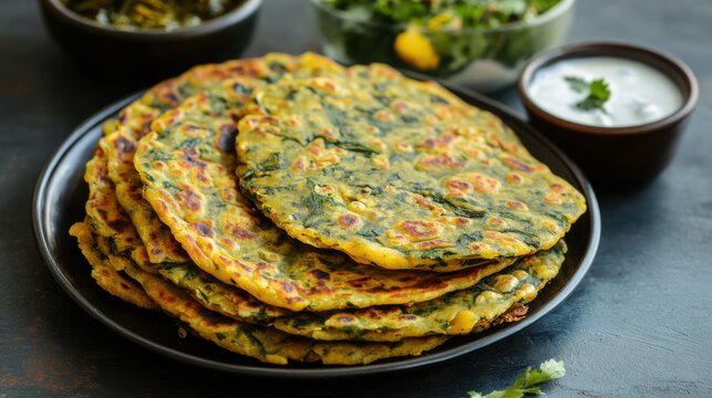 A stack of methi paratha on a dark plate with bowls of condiments and a dark grey background