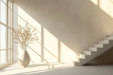Minimalist interior with sunlit staircase and vase in modern space