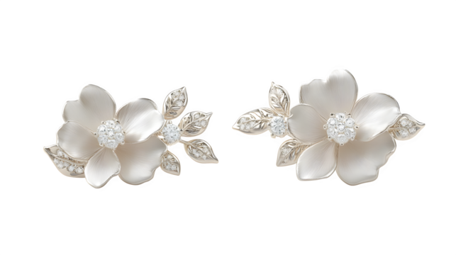 Floral ear climber earrings with layered petals and diamond accents, isolated