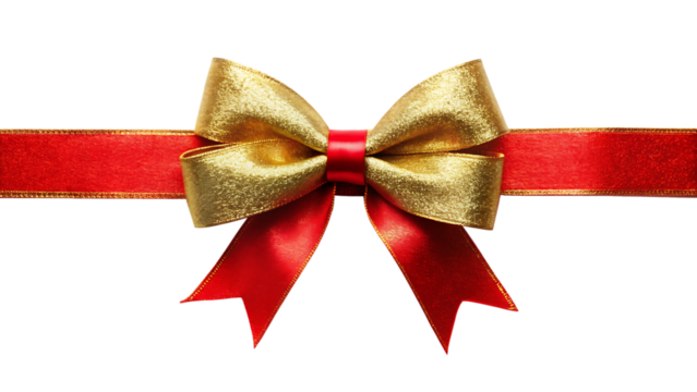  Decorative gold bow with red ribbon isolated on white background PNG