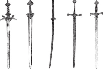 Vector Illustration of Katana and European Swords