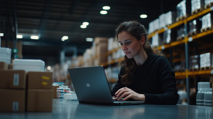 Female employee in a busy warehouse, sitting at a table with her laptop, reviewing product stock levels and optimizing the workflow for efficient deliveries