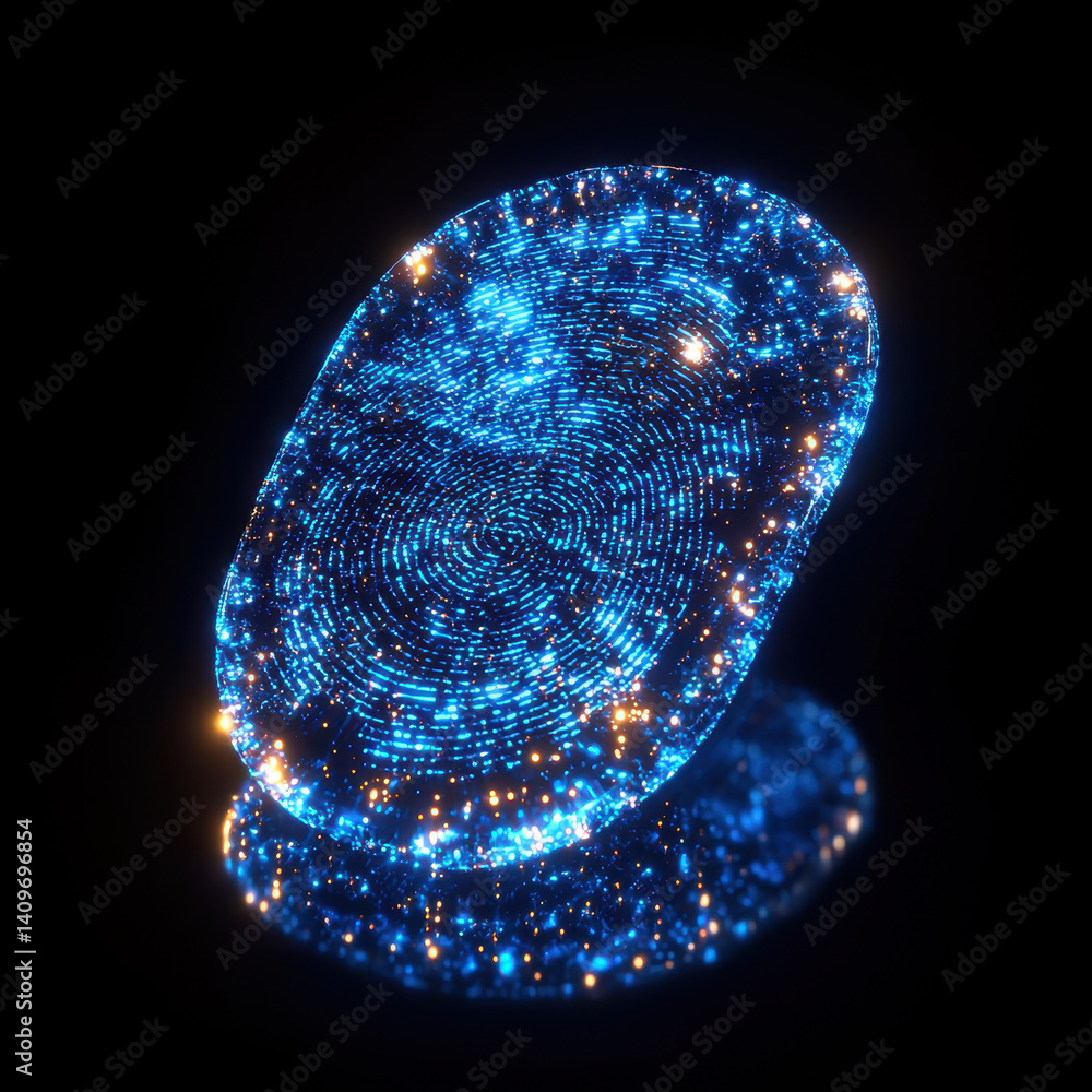 Poster abstract biometric shield icon showcases digital particles with secured fingerprint and retina in a 