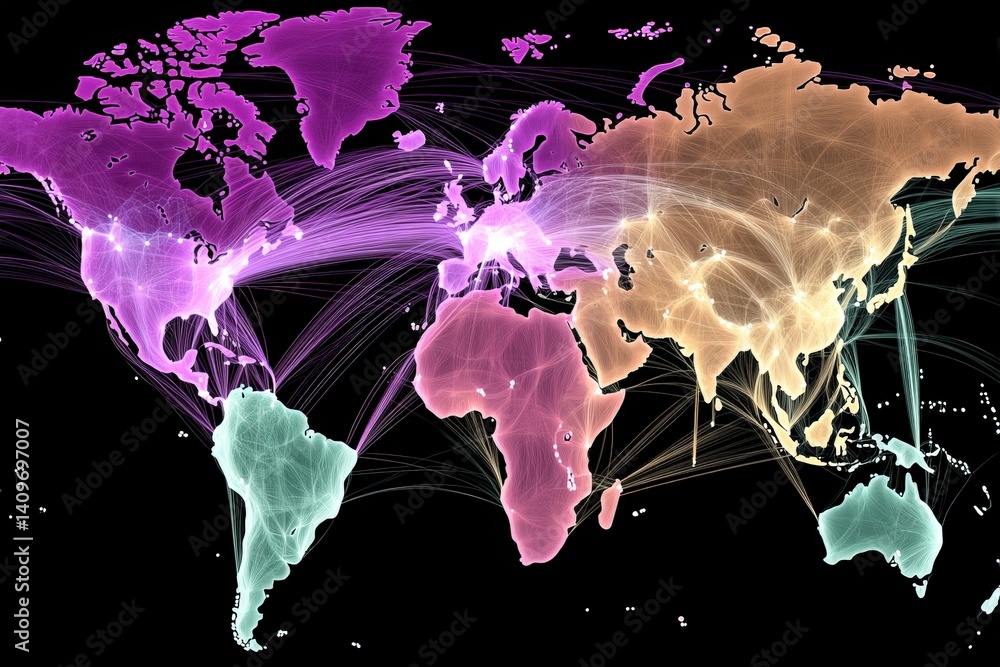 Poster visual representation of global connections on a world map.