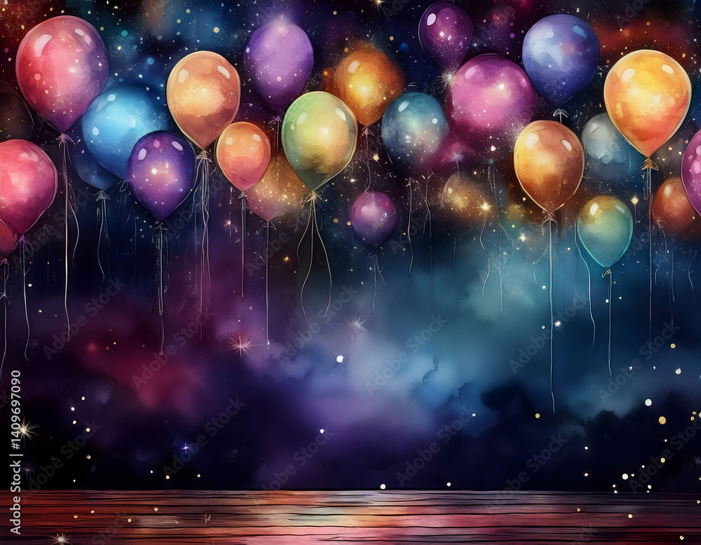 Poster colorful balloons float against a cosmic background, creating a whimsical and dreamy atmosphere fill