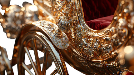 Gilded royal carriage model with wheels and velvet interior, realistic artifact