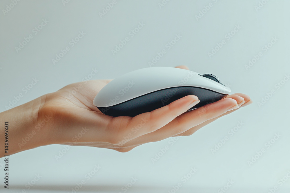 Poster gently holding a wireless computer mouse simple technology