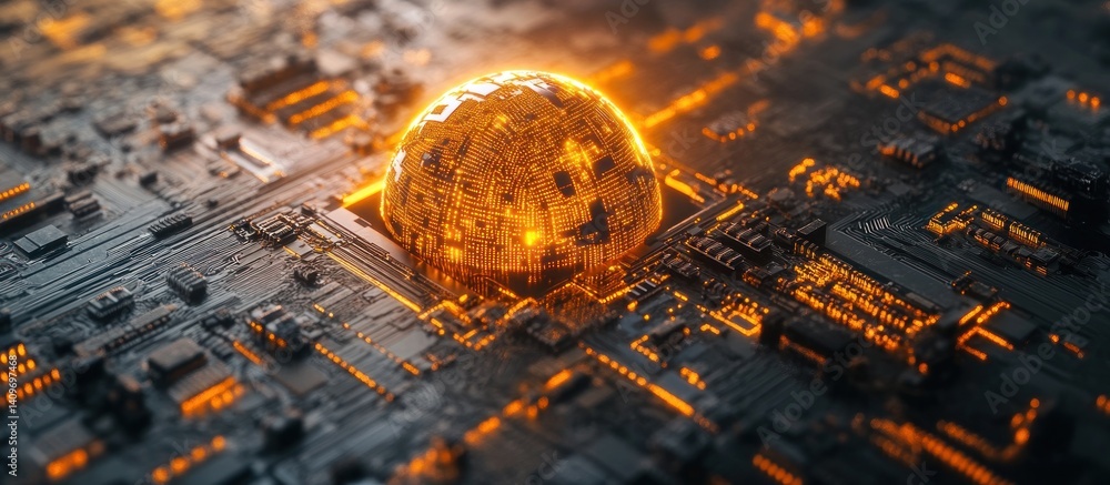 Poster a digital landscape of a glowing sphere resting on a complex circuit board highlighting the intricat
