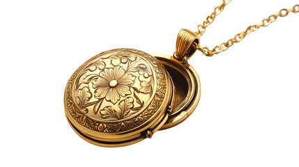 Gold locket necklace with engraved floral pattern and openable center, PNG