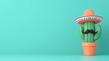 A whimsical potted cactus dressed in a festive sombrero with a mustache, representing Mexican heritage and Cinco de Mayo celebrations.