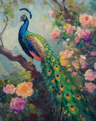 Colorful peacock on branch in floral oil painting style
