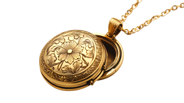 Gold locket necklace with engraved floral pattern and openable center, PNG