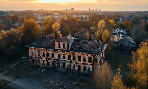 An aged building sits among trees in an autumnal, urban setting, under a soft, warm, sunny sky