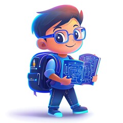 Cartoon Boy with Book Ready for Tech School Learning Backpack Circuit Board Concept 3D Ren