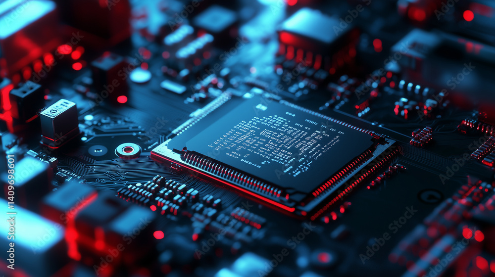 Poster close-up of mobile phone motherboard with microchip being installed by robotic precision arm in ster