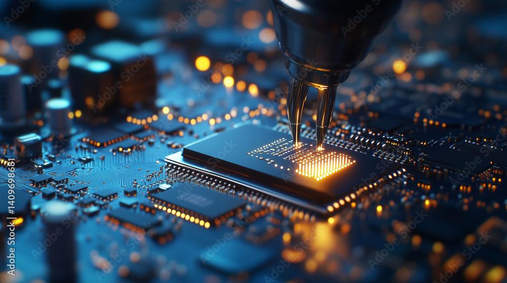 Poster close-up of mobile phone motherboard with microchip being installed by robotic precision arm in ster