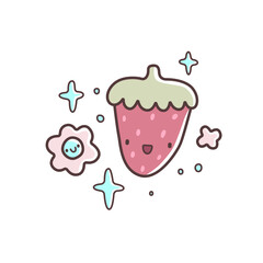 Cute cartoon strawberry character with smiling face, surrounded by pastel stars and flowers. Hand-drawn vector illustration in kawaii style with playful and cheerful vibe.