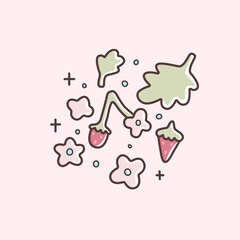 Cute cartoon style strawberry with leaves and flowers. Adorable vector illustration