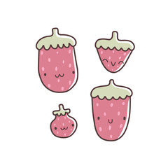 Set of cute cartoon strawberry characters, adorable collection, kawaii vector illustration