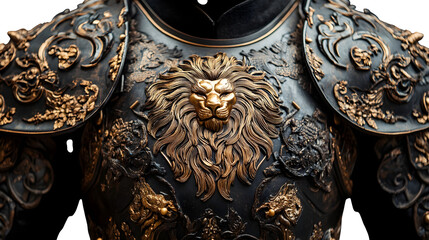 Intricate armor chest piece with golden lion engraving, ceremonial armor