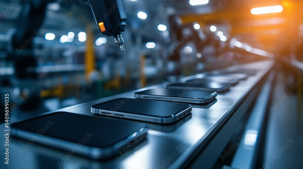 Poster a row of semi-assembled smartphones on metallic belt. mechanical arms align processors, install micr