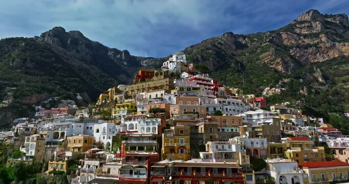 Positano. Amalfi coast. Italy. Incredible colors and views. View from above. Buildings and landmarks of Positano. Drone view of Positano. The most beautiful place. Flying above colorful houses