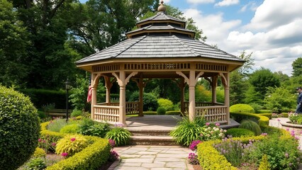 Eleganter Holzpavillon im liebevoll gepflegten Garten voller Blumen – idyllisch und romantisch