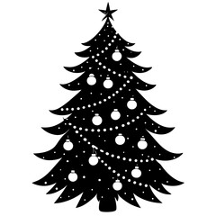 Create an image of a silhouette of a Christmas tree decorated with ornaments and glowing lights