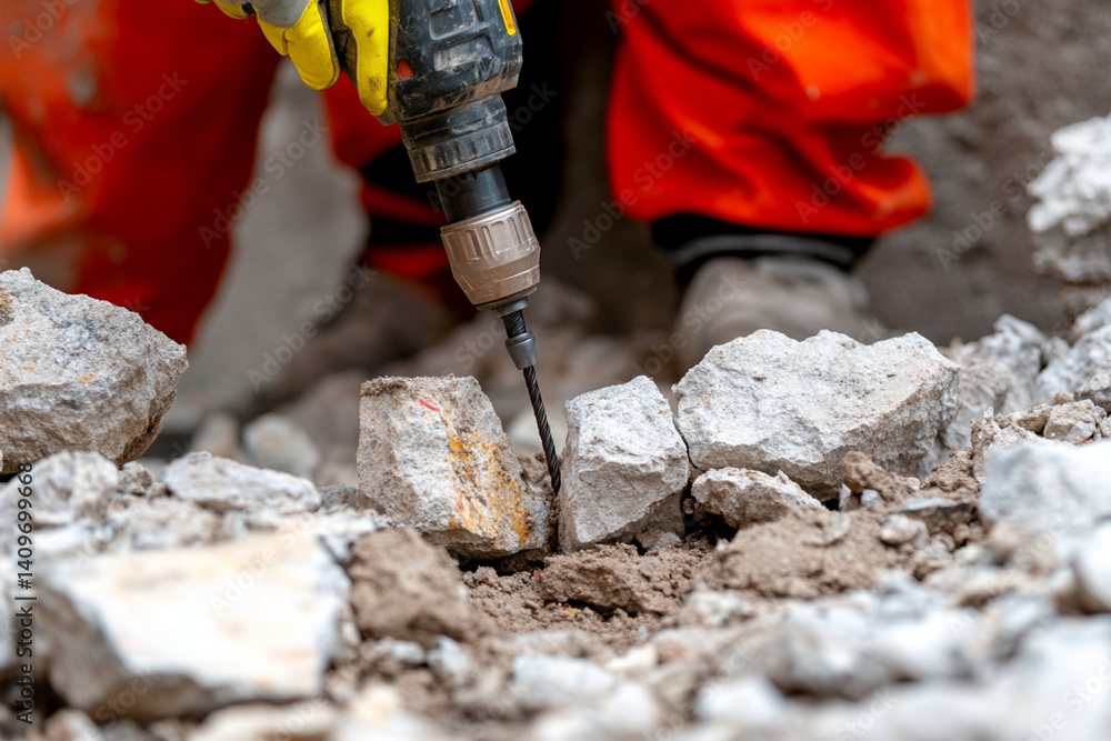 Poster close-up view of a construction worker using a drill in a rocky workspace during a construction proj