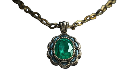 Old jeweled necklace with emerald pendant and chain links, photorealistic