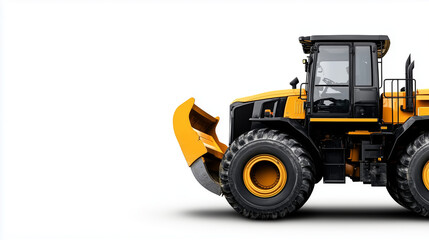 Side view of rugged yellow front loader isolated on white, showing thick tires, steel chassis, and articulated joints. Heavy-duty equipment for earthmoving and site preparation