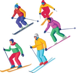 Colorful Skiing Characters Illustration – Winter Sports Action Scene with Skiers on Slopes
