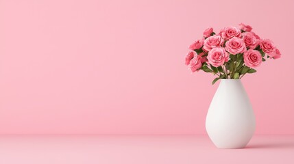 Naklejka premium Beautiful bouquet of soft pink roses in a white ceramic vase on a pastel pink background, symbolizing love, romance, and delicate floral beauty.