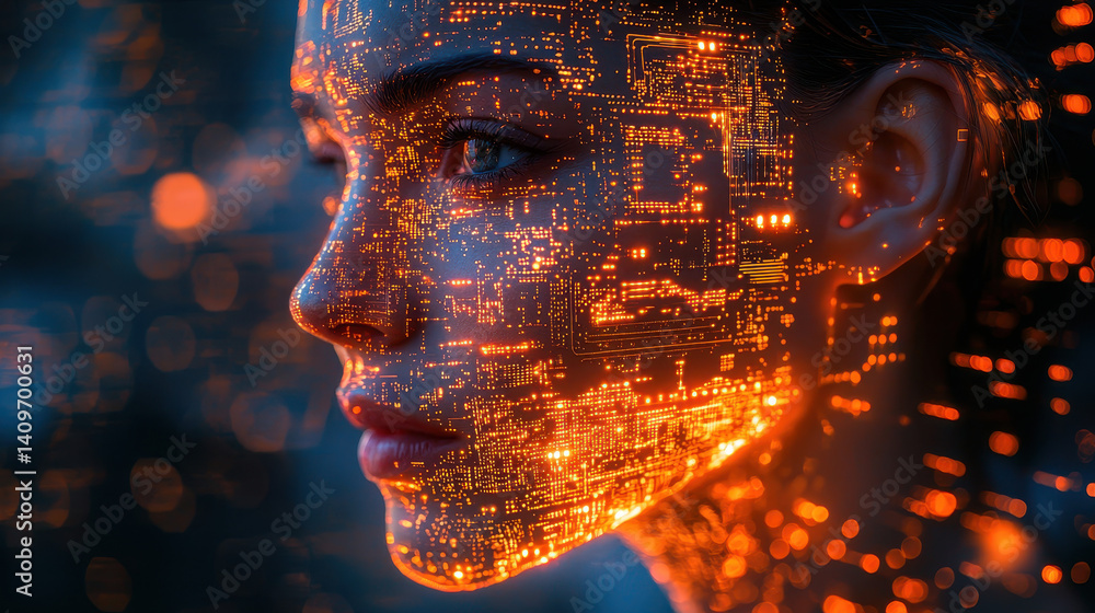 Poster exploring the intersection of humanity and technology through digital reflections of progress and et
