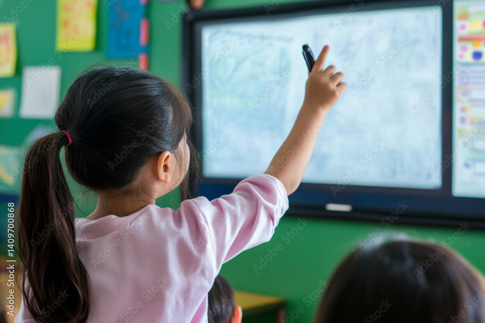 Poster teacher engaging students with interactive smartboard lesson during class time